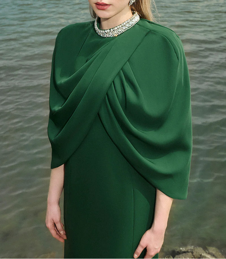 high-neck column gown with draped cape overlay – VERDEH