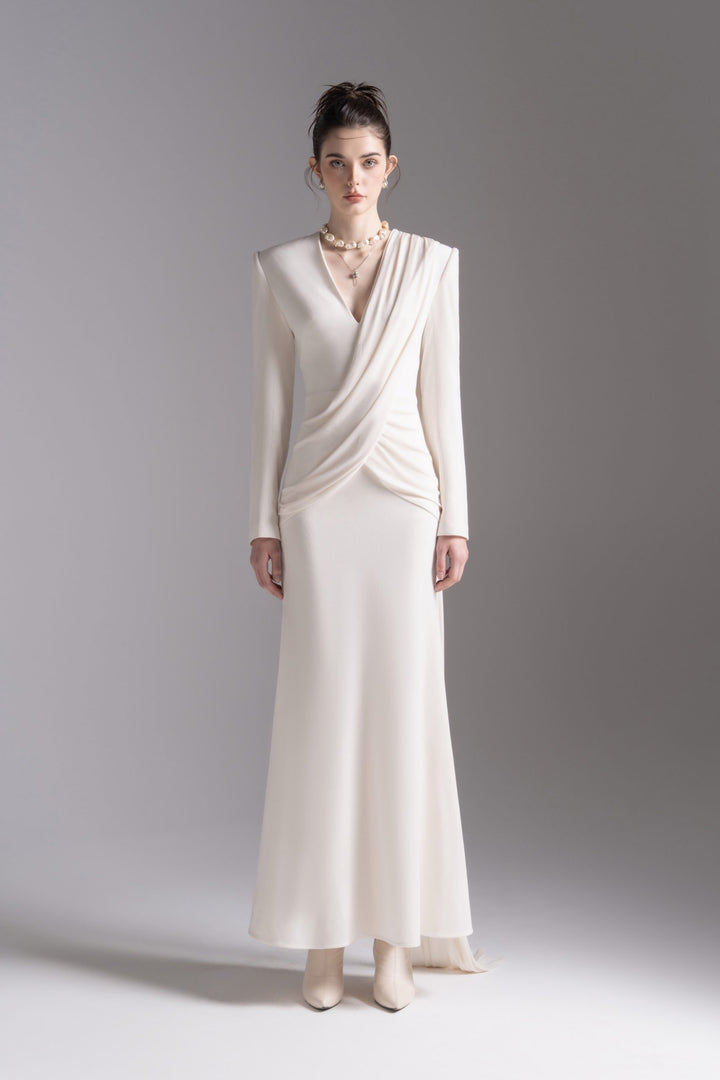 Draped V-neck long-sleeve gown – LAVENYA