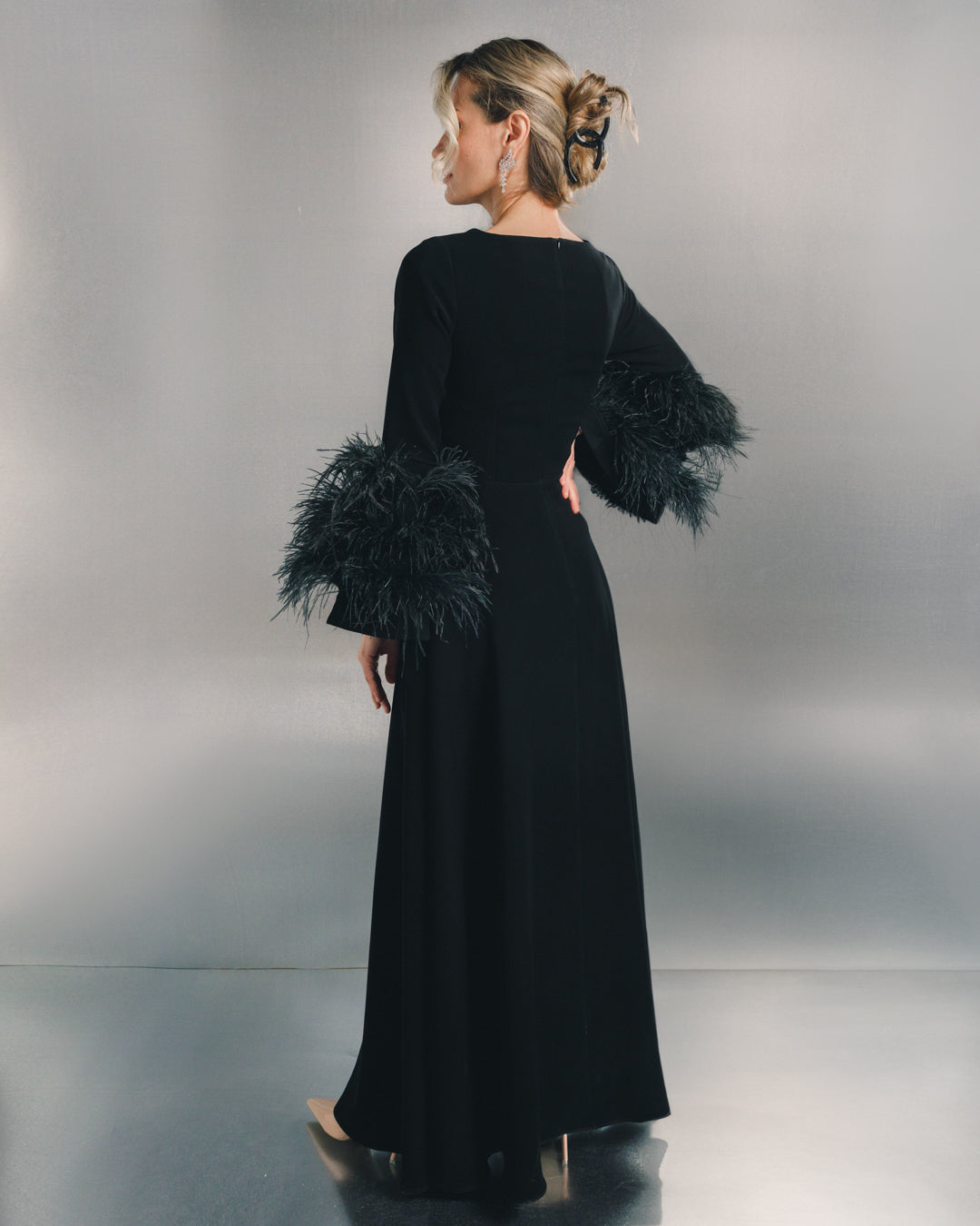 long-sleeve evening gown with feather cuffs – SCARLETT