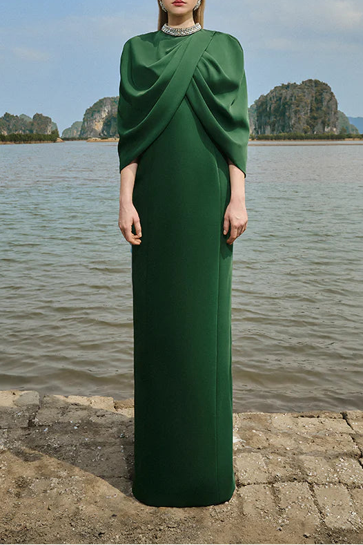 high-neck column gown with draped cape overlay – VERDEH