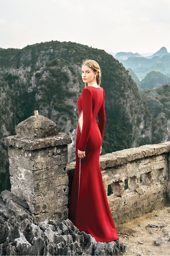 long-sleeve mermaid gown with crystal-lined V cutouts – SERENITY