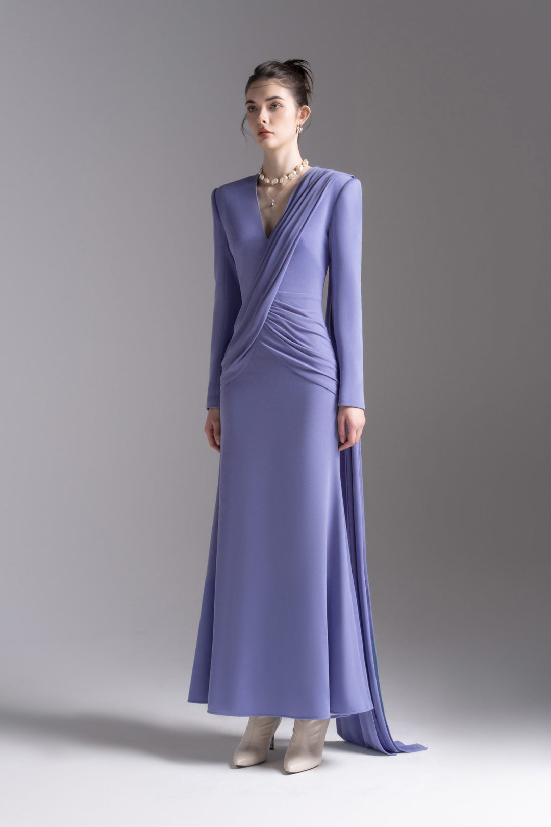 Draped V-neck long-sleeve gown – LAVENYA