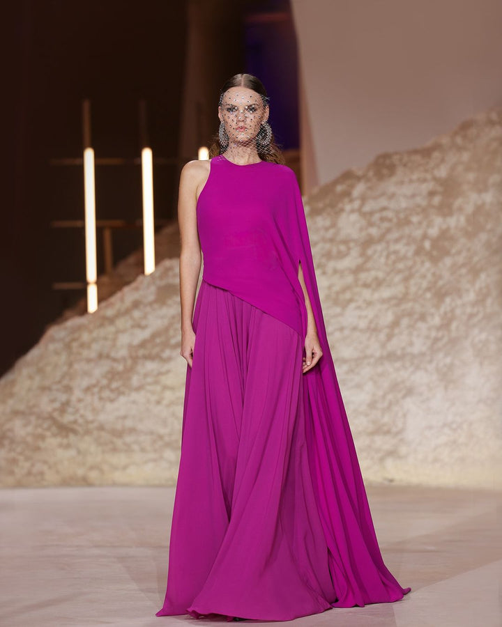 one-shoulder gown with flowing cape – DARIIEN