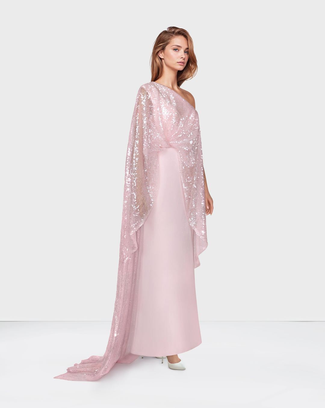 Off Shoulder  pink dress with sequined cape -Nardin