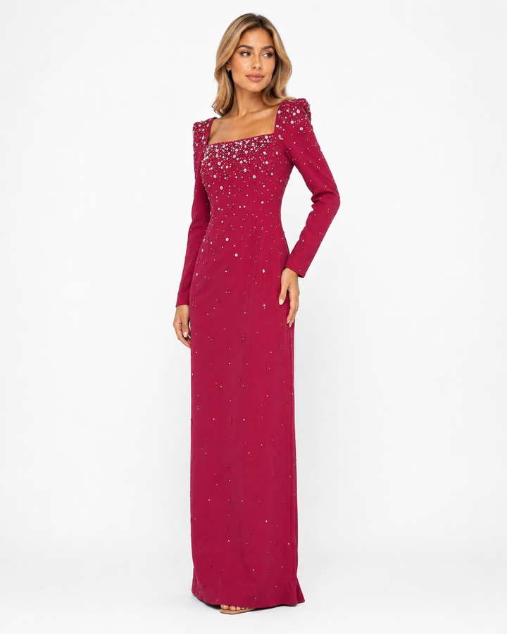Embellished Square Neck Maxi Dress - Burgundy