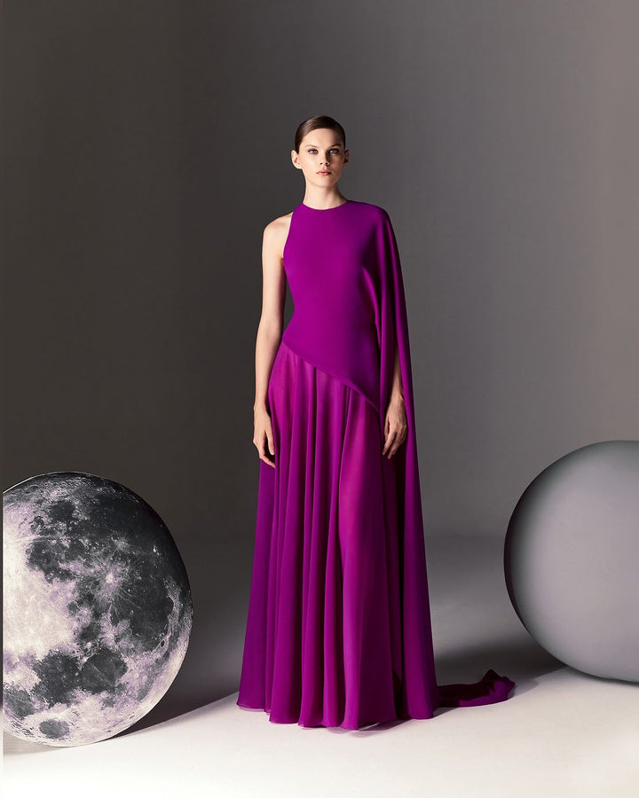 one-shoulder gown with flowing cape – DARIIEN