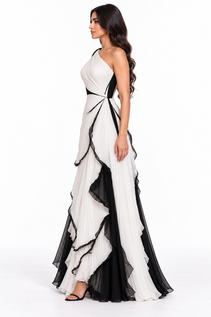 Asymmetric Draped Contrast Maxi Dress – Monvera