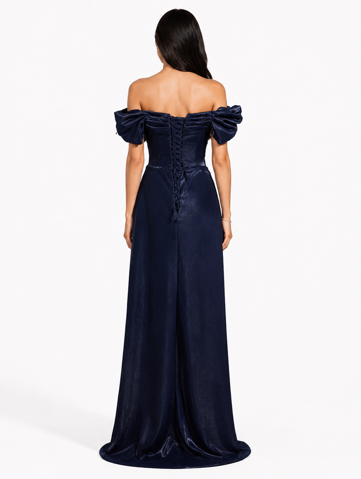 Off-Shoulder Satin Evening Gown - Midnight