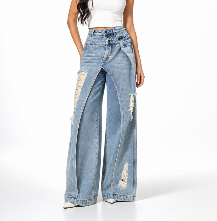Distressed Layered Wide-Leg Jeans – Rebel