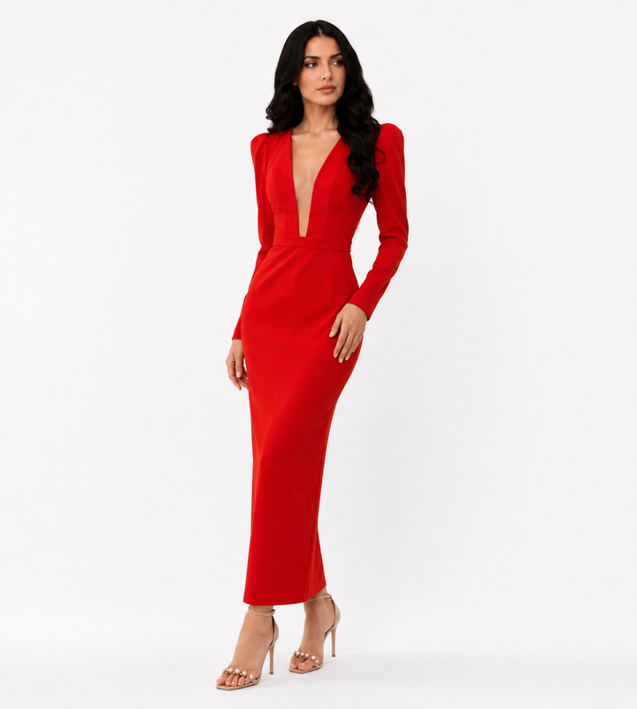 Plunging V-Neck Column Dress – Pear