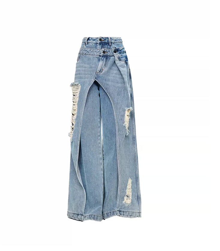 Distressed Layered Wide-Leg Jeans – Rebel