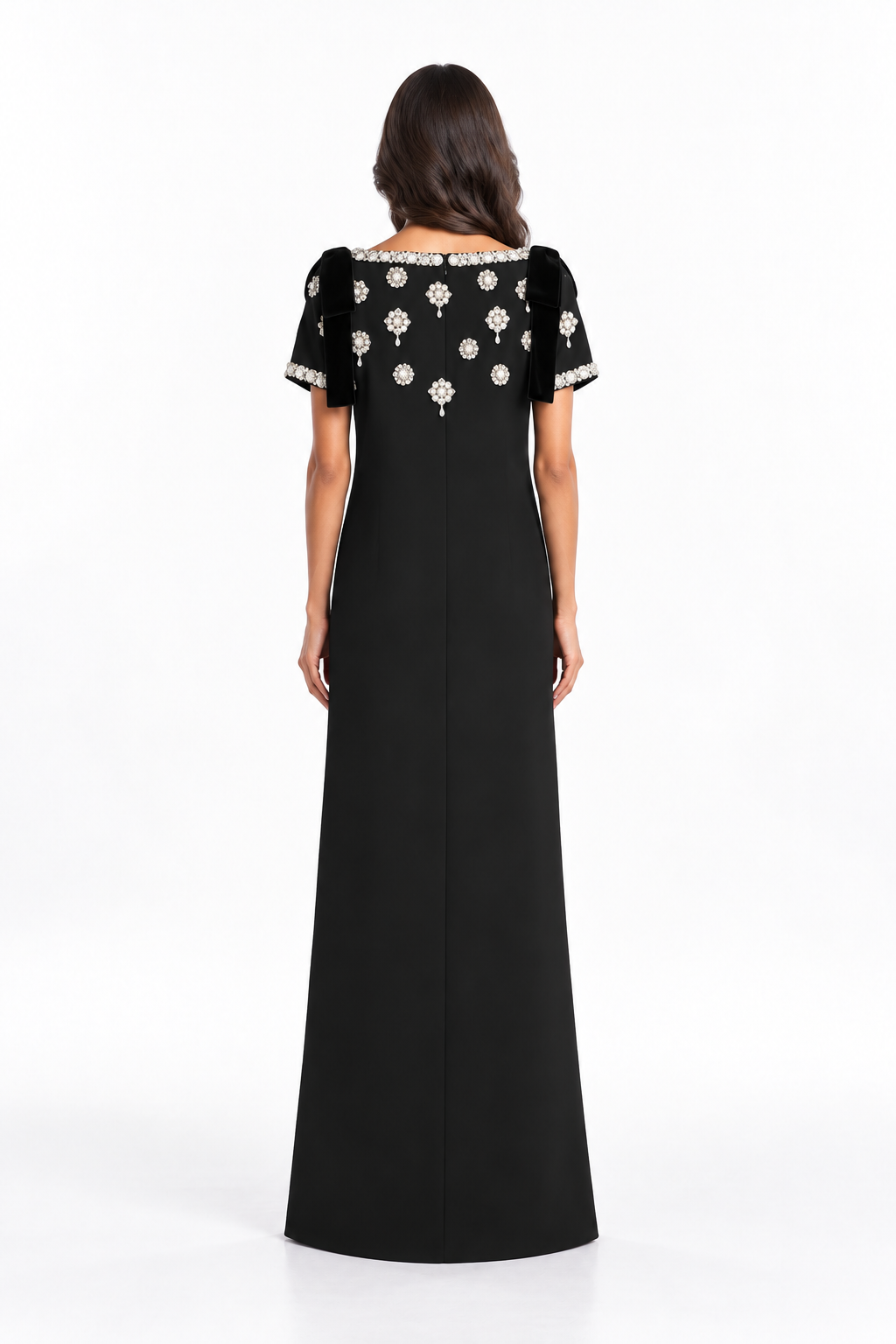 Black Crystal Embellished Bow Sleeve Maxi Dress - Diana