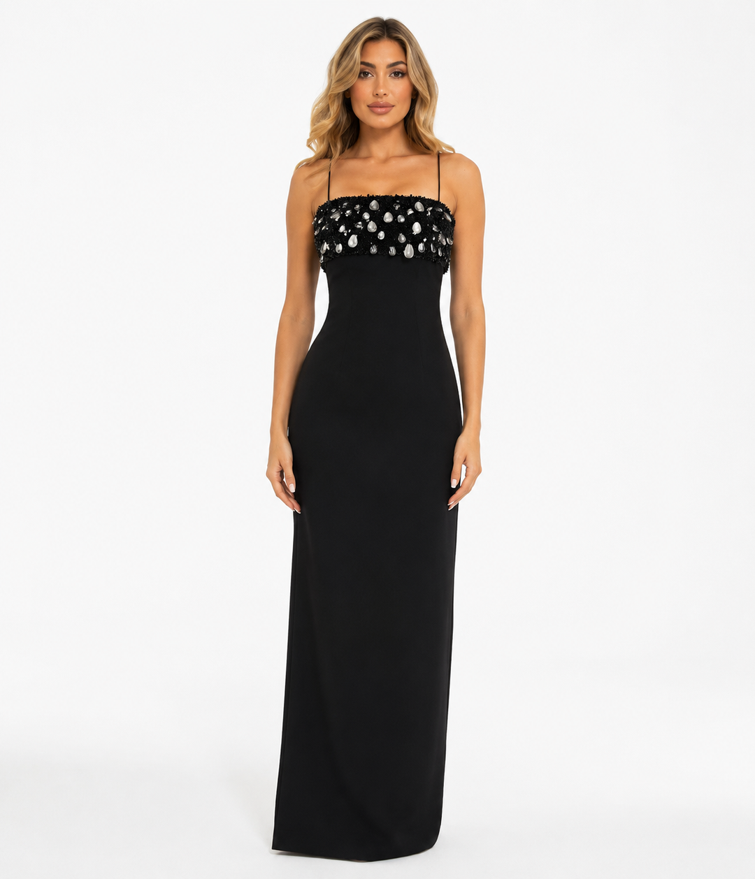 Crystal-Embellished Column Gown - Onyx