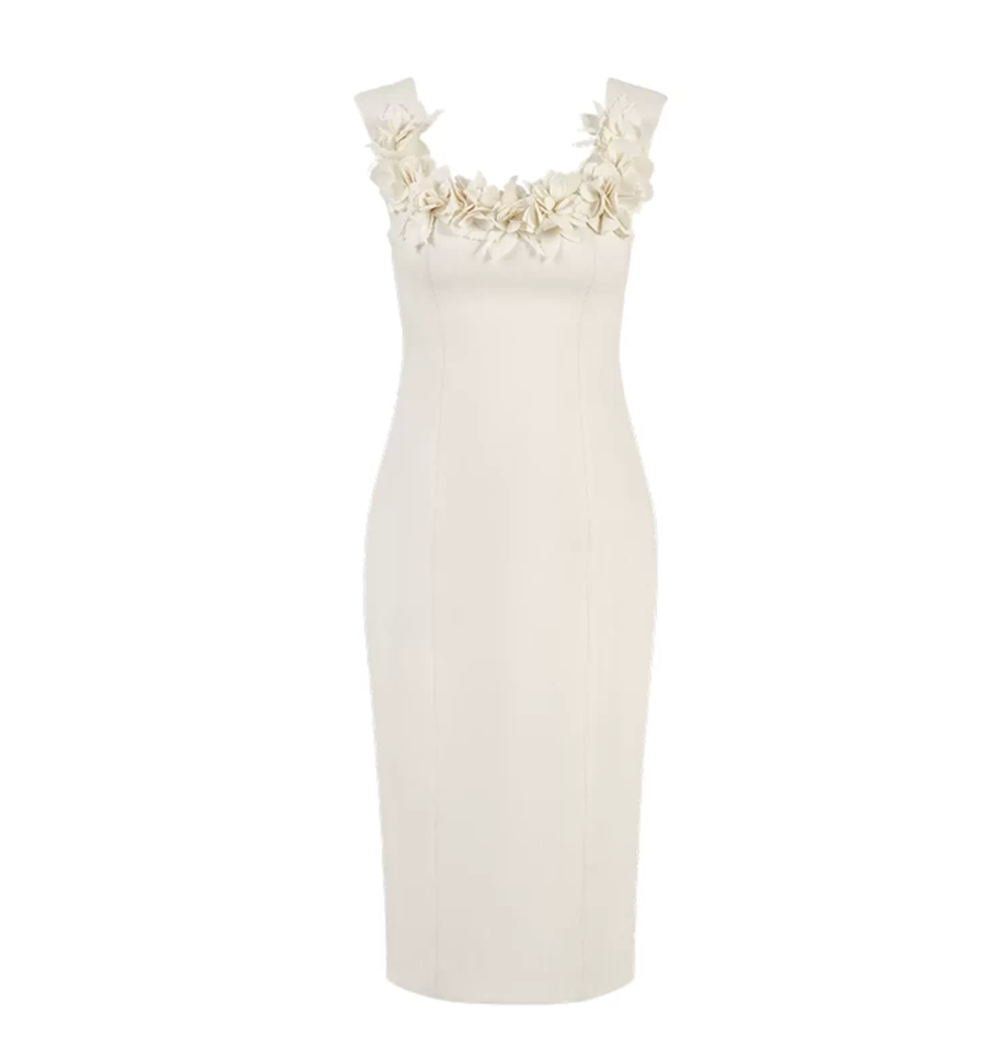 Ivory Floral Appliqué Midi Dress – Petalia
