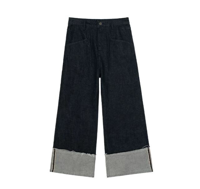 Wide-Leg Cuffed Denim Jeans - Classic