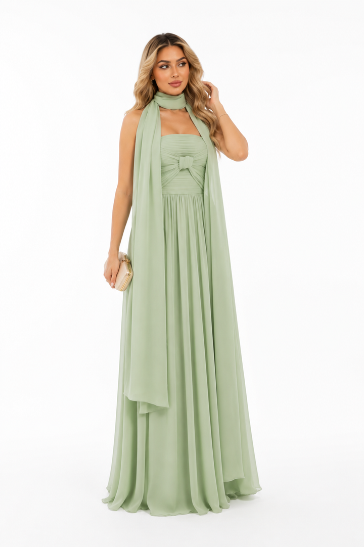 Scarf-Neck Chiffon Evening Gown - Sage