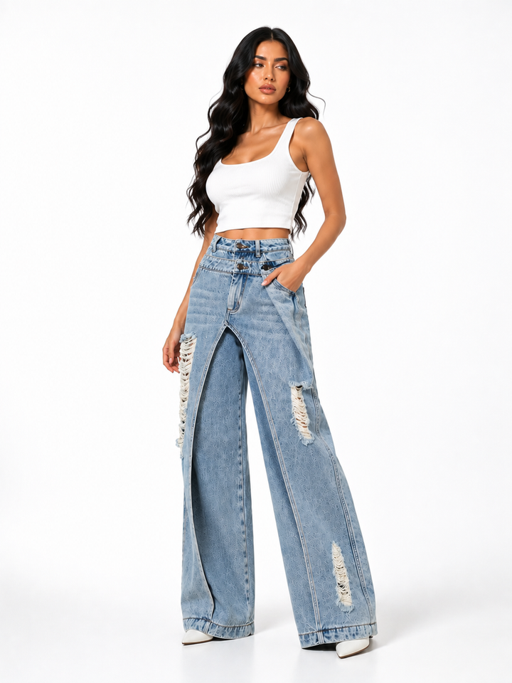 Distressed Layered Wide-Leg Jeans – Rebel