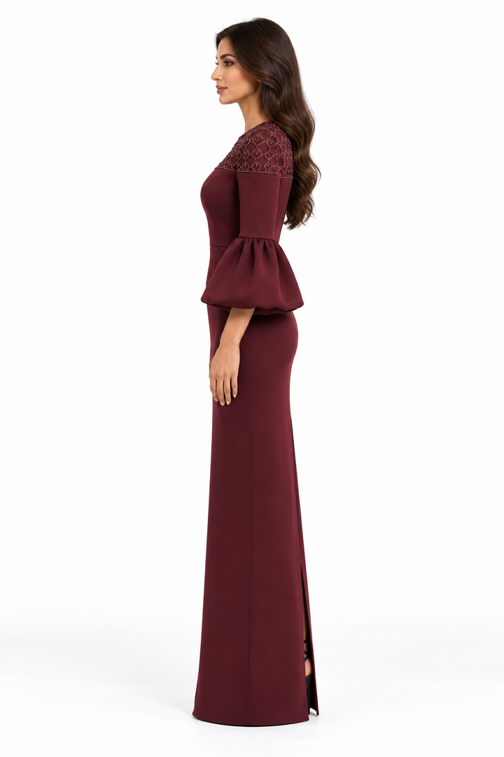 Burgundy Embellished Puff Sleeve Maxi Dress - Bella