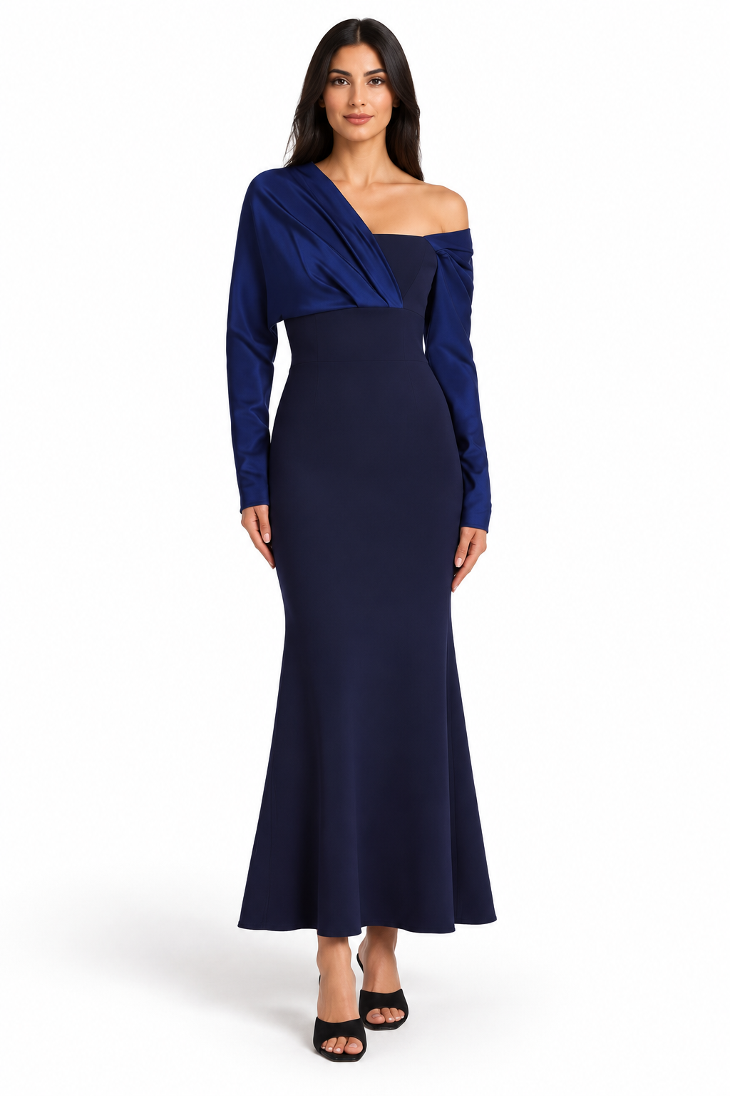 Navy Blue Asymmetric Off-Shoulder Midi Dress - Elena