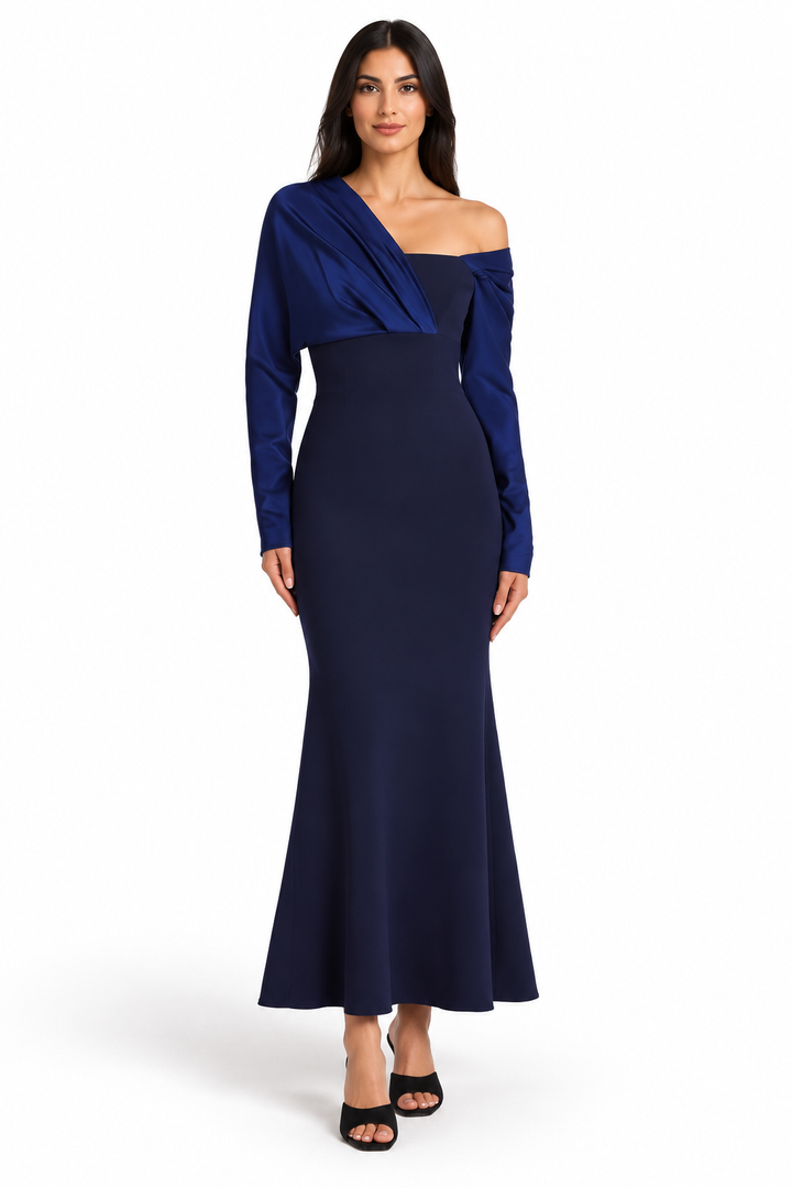 Navy Blue Asymmetric Off-Shoulder Midi Dress - Elena