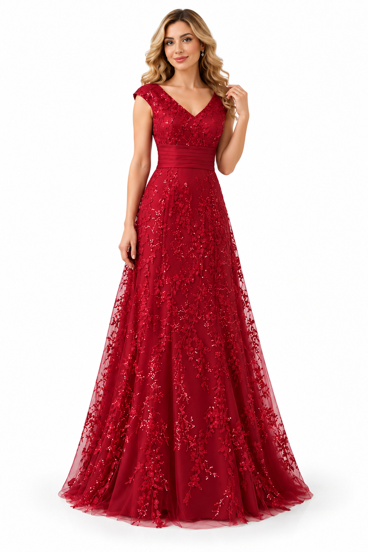Embellished V-Neck Lace Evening Gown - Roselle