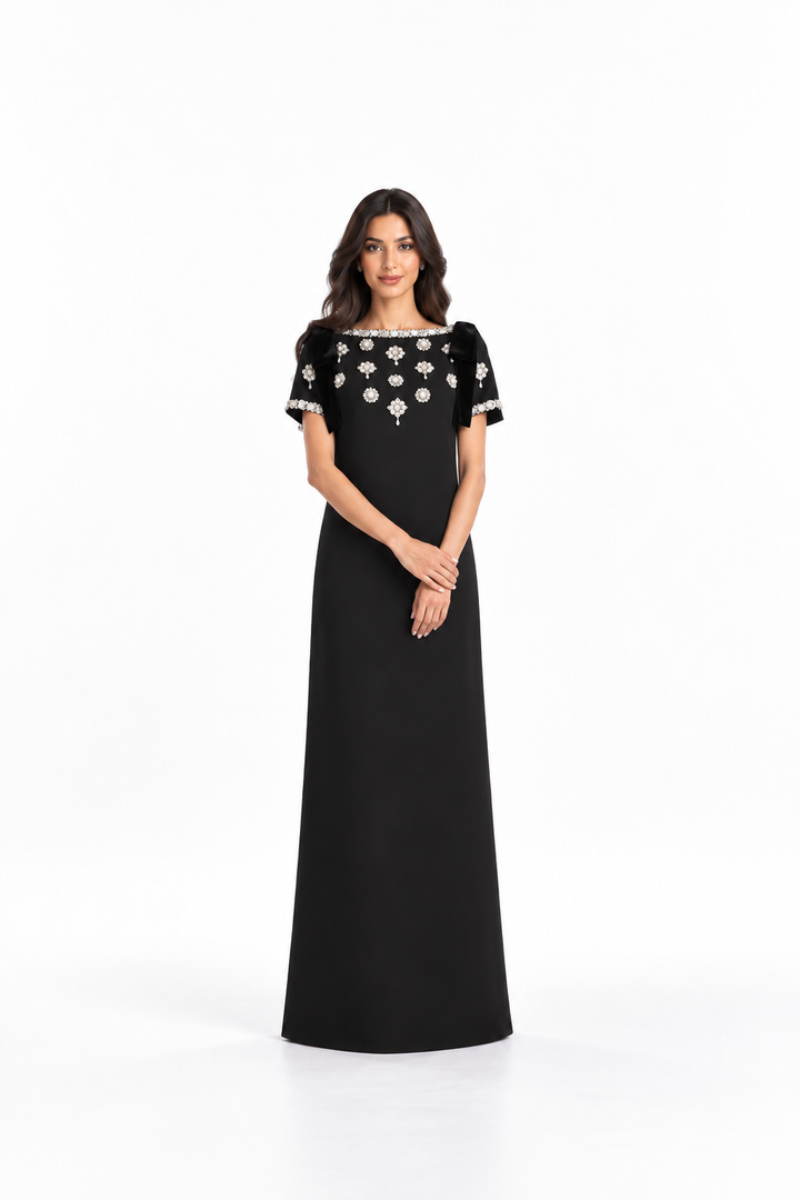 Black Crystal Embellished Bow Sleeve Maxi Dress - Diana