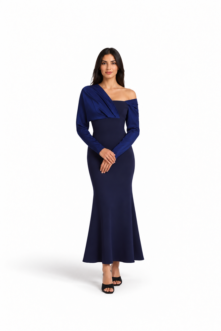 Navy Blue Asymmetric Off-Shoulder Midi Dress - Elena