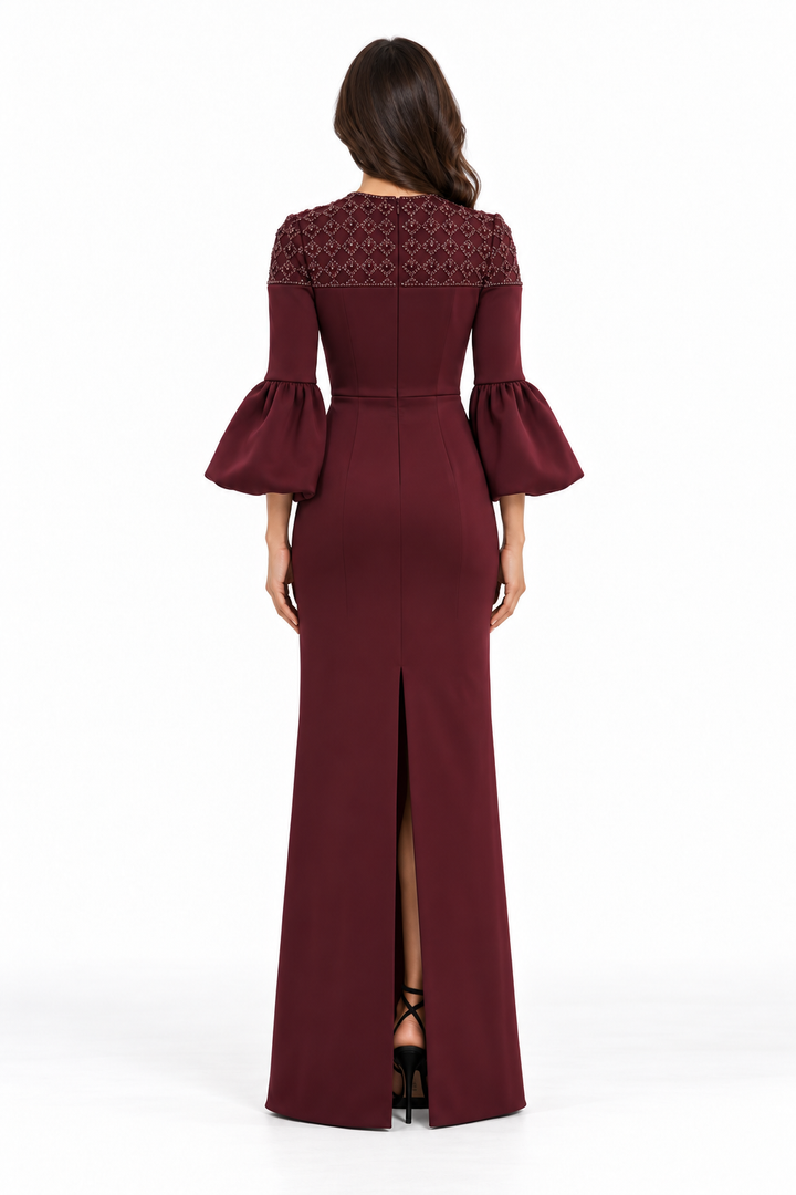 Burgundy Embellished Puff Sleeve Maxi Dress - Bella