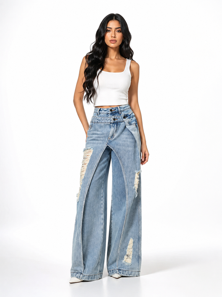Distressed Layered Wide-Leg Jeans – Rebel