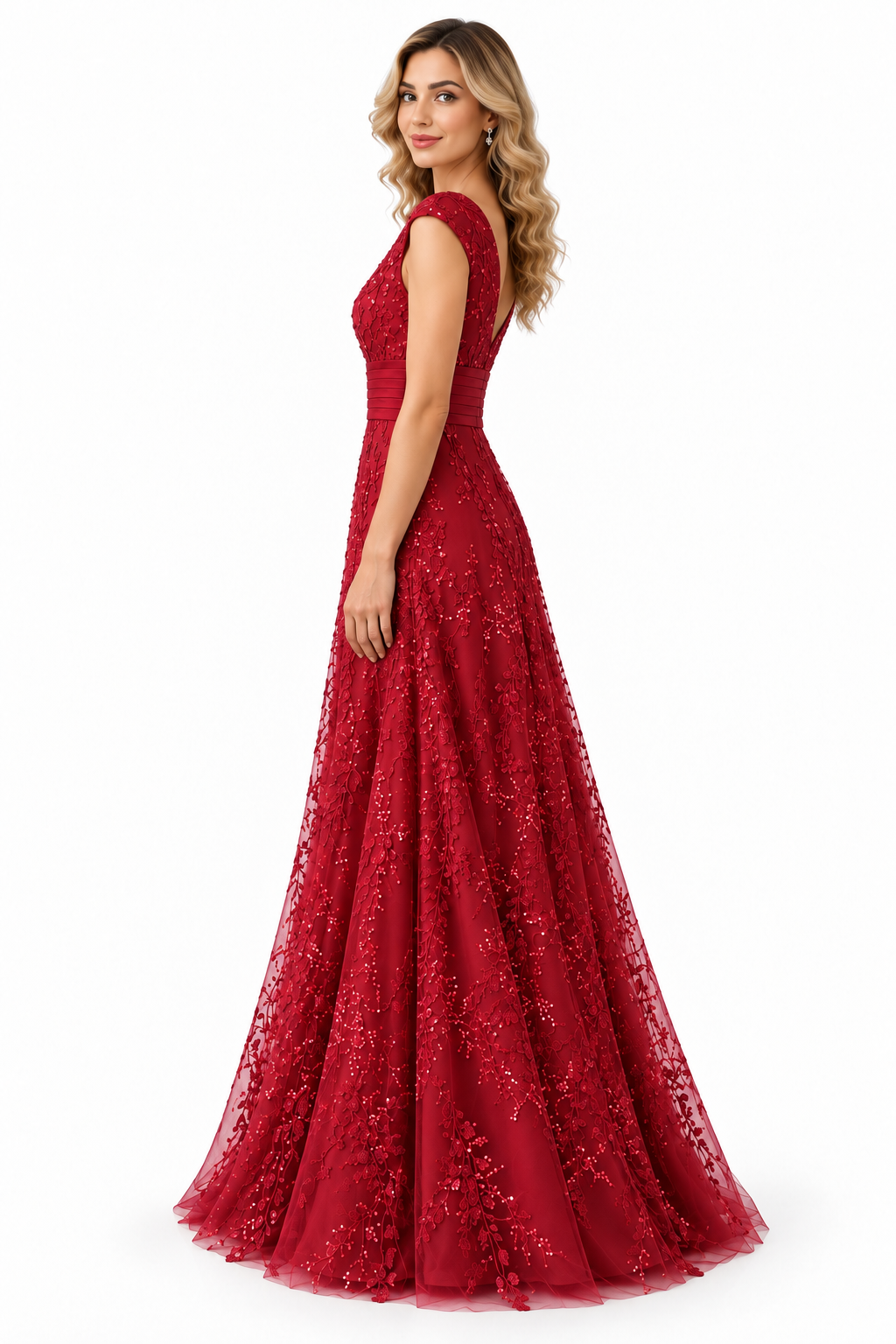 Embellished V-Neck Lace Evening Gown - Roselle