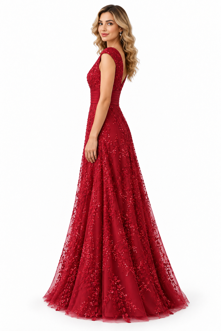 Embellished V-Neck Lace Evening Gown - Roselle