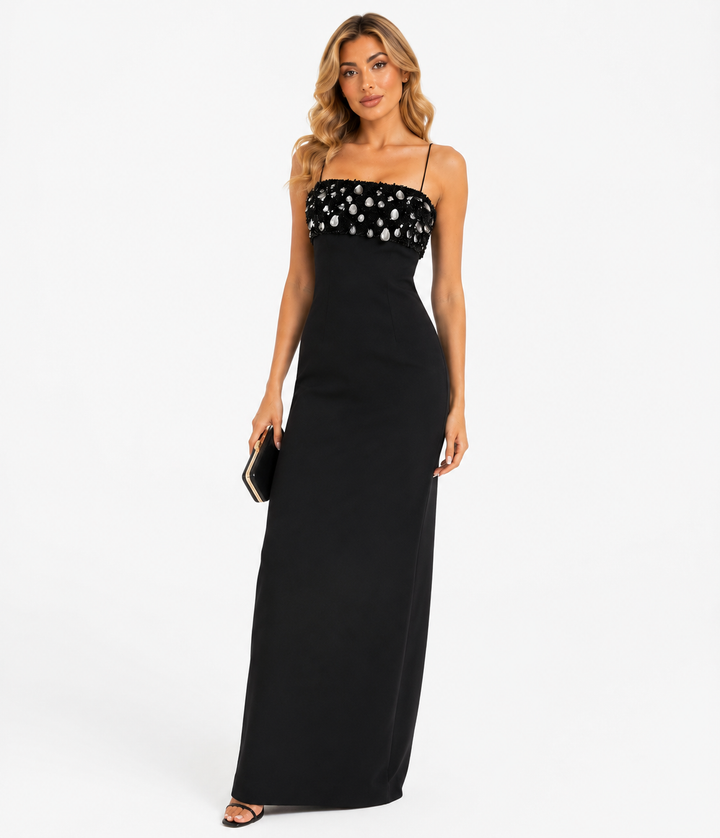 Crystal-Embellished Column Gown - Onyx