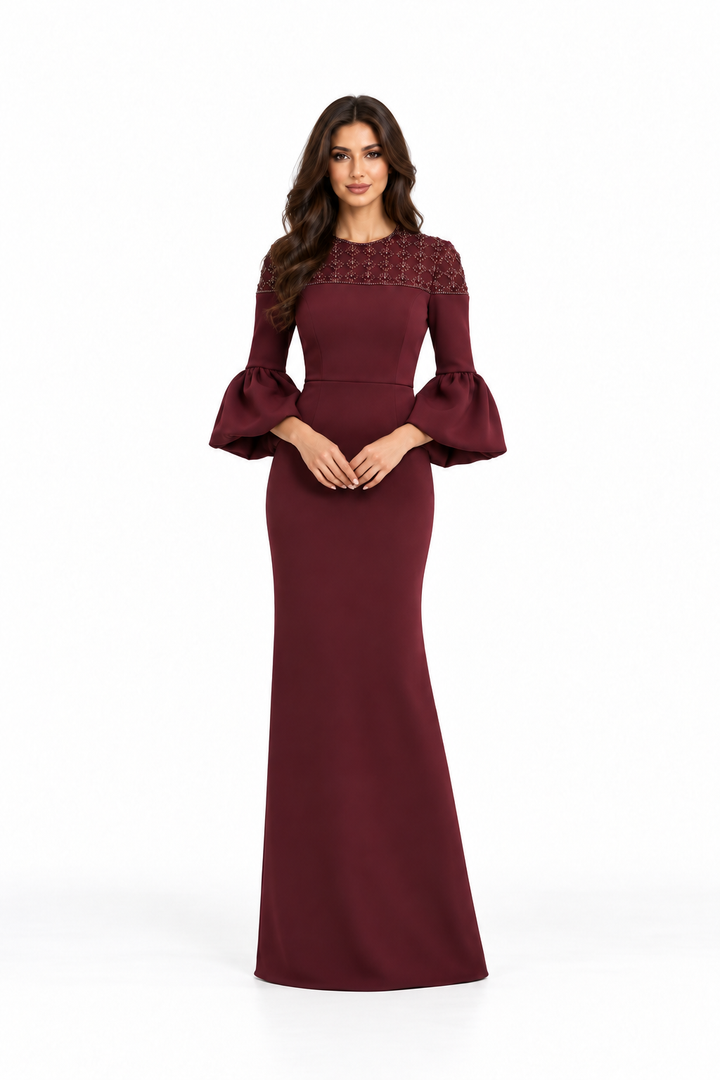 Burgundy Embellished Puff Sleeve Maxi Dress - Bella