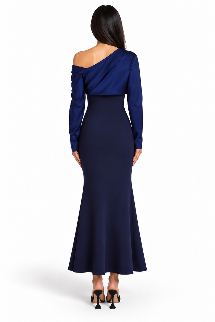 Navy Blue Asymmetric Off-Shoulder Midi Dress - Elena