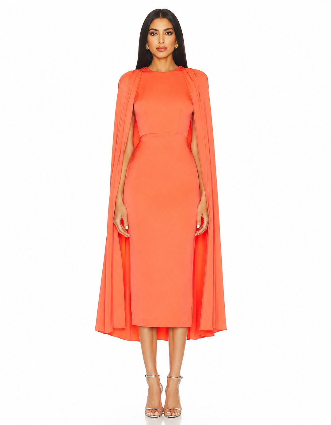 Draped Cape Midi Dress – Coral