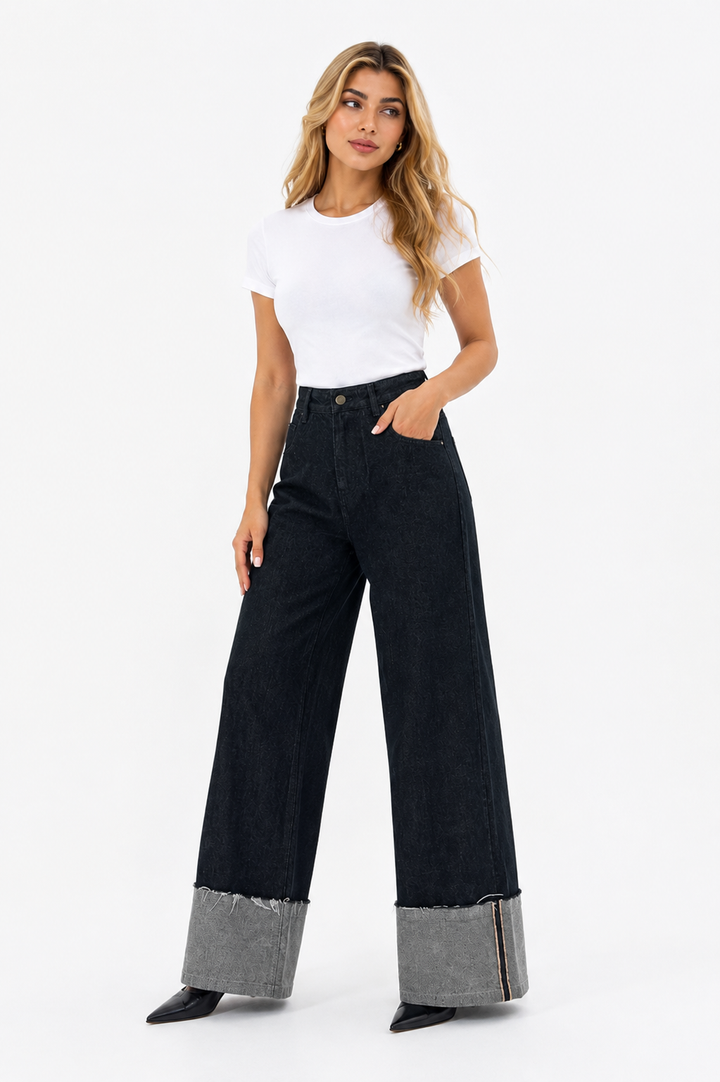 Wide-Leg Cuffed Denim Jeans - Classic