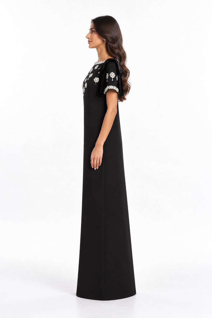 Black Crystal Embellished Bow Sleeve Maxi Dress - Diana