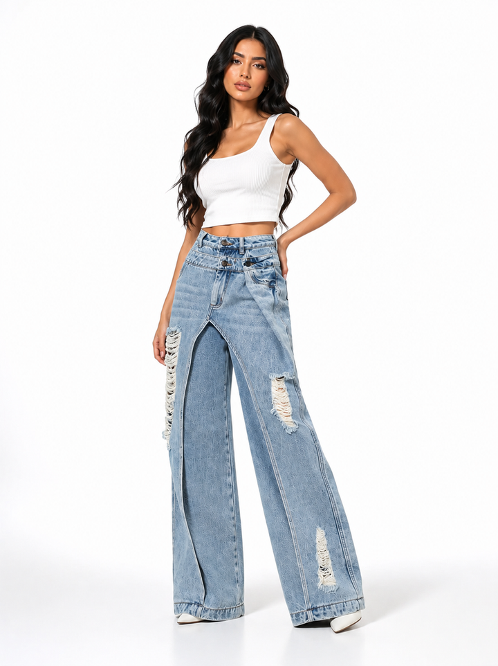 Distressed Layered Wide-Leg Jeans – Rebel