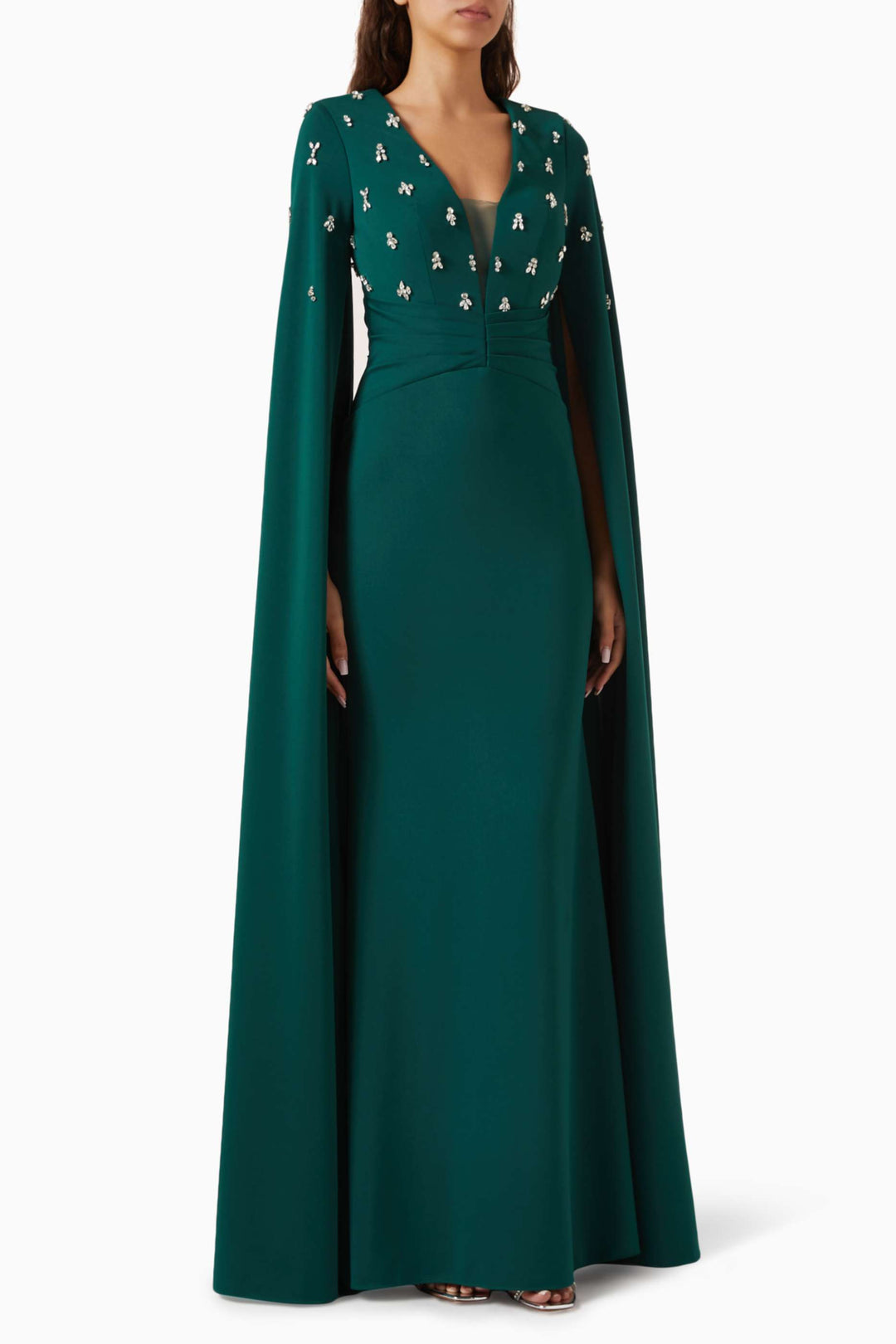 Embellished V-neck cape gown with fitted waist – EMERALDIA