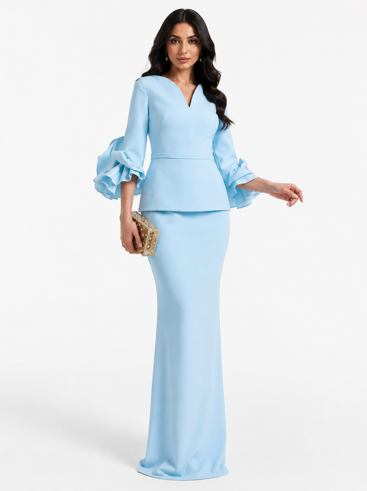 Ruffle-Sleeve Peplum Maxi Dress – Azure –