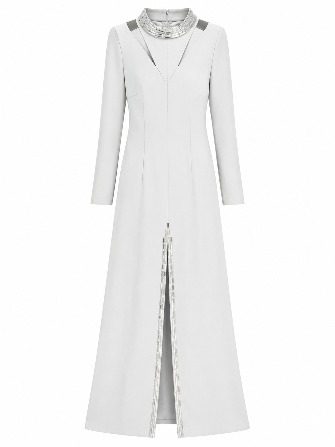 Crystal Collar Slit Maxi Dress - Silver