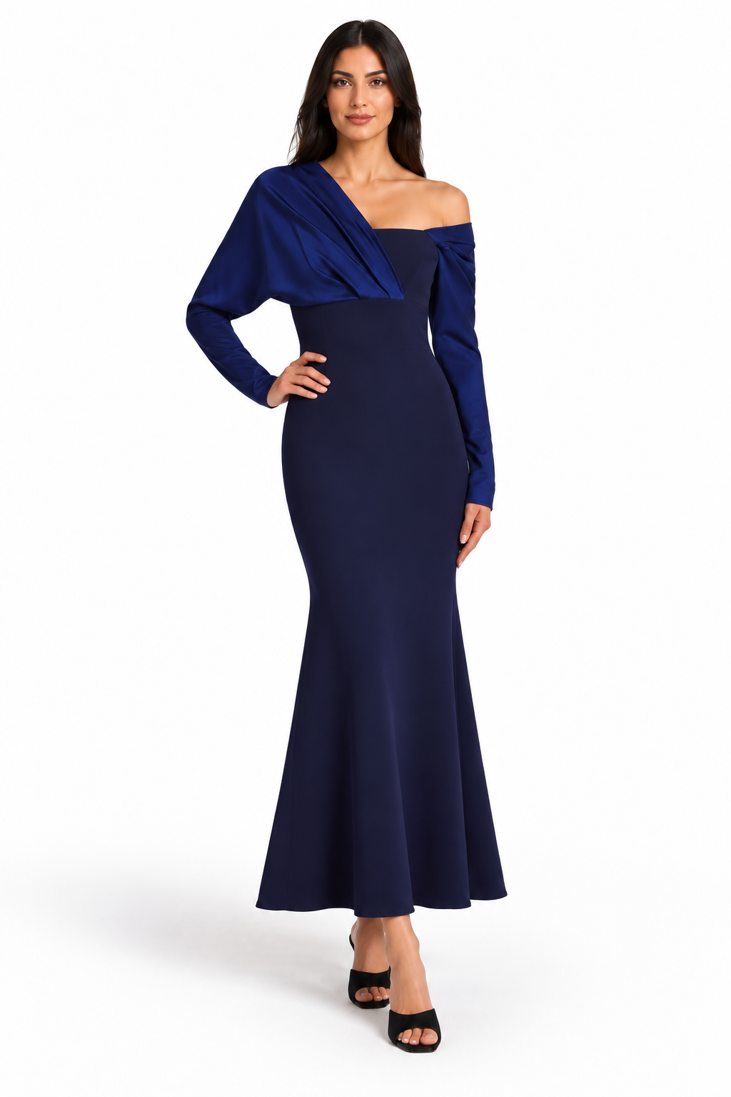 Navy Blue Asymmetric Off-Shoulder Midi Dress - Elena