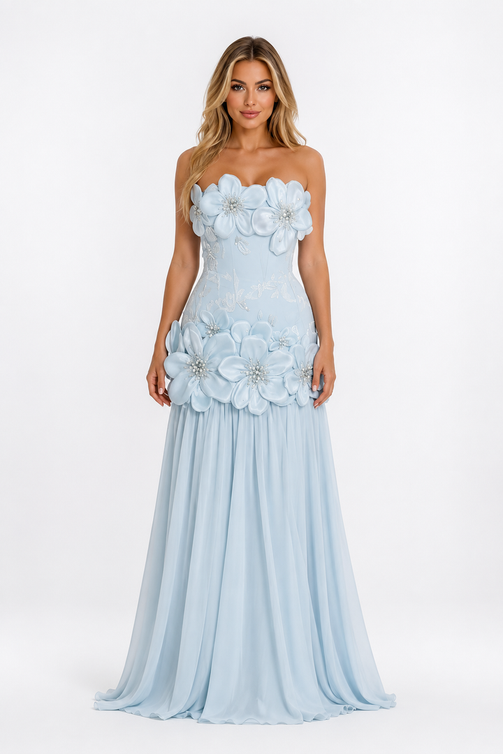 Floral Appliqué Strapless Gown - Ice