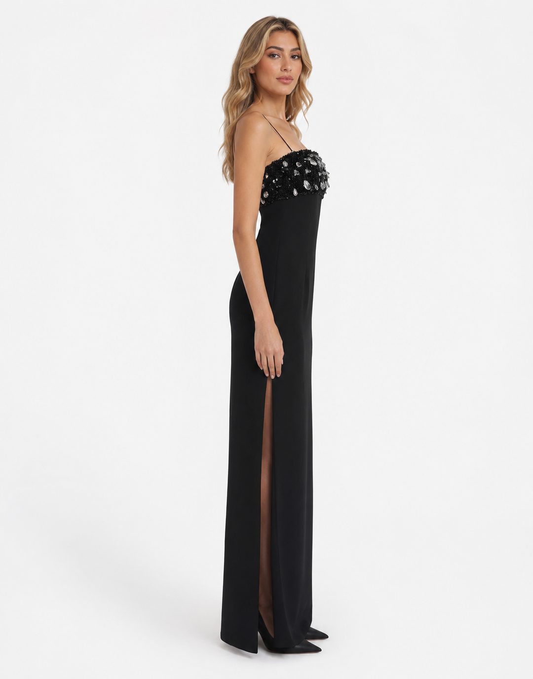 Crystal-Embellished Column Gown - Onyx