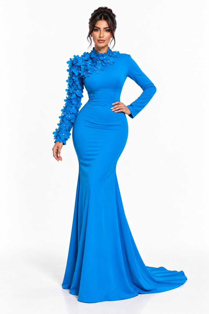 Royal Blue 3D Floral Embellished Mermaid Maxi Dress - Azura