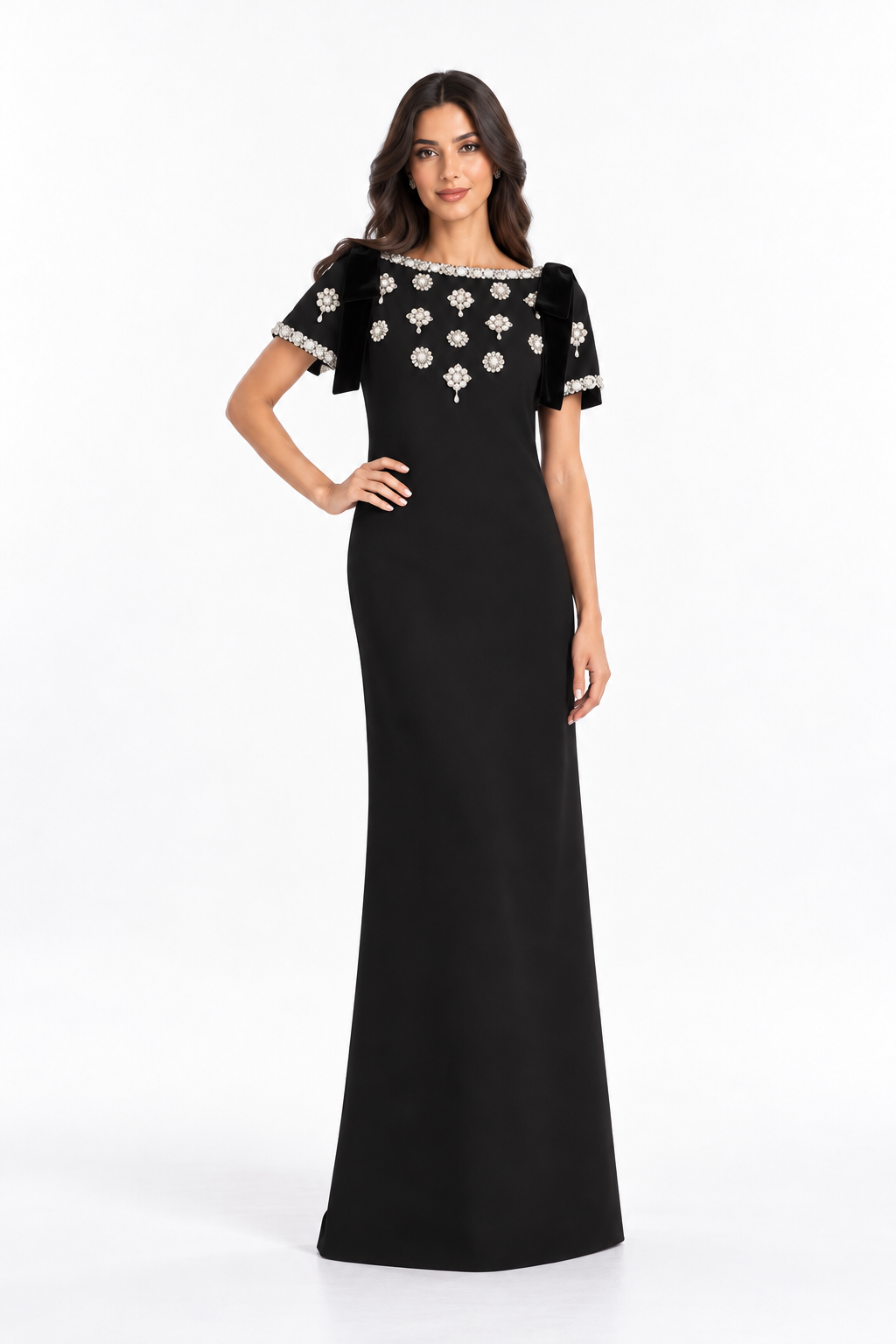 Black Crystal Embellished Bow Sleeve Maxi Dress - Diana