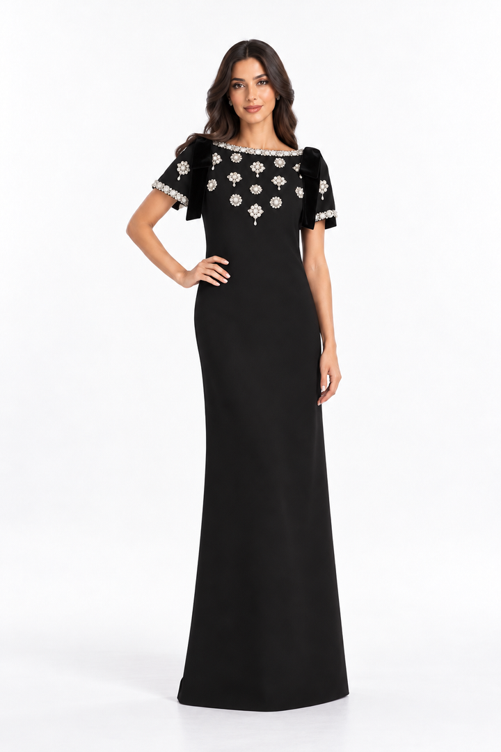 Black Crystal Embellished Bow Sleeve Maxi Dress - Diana