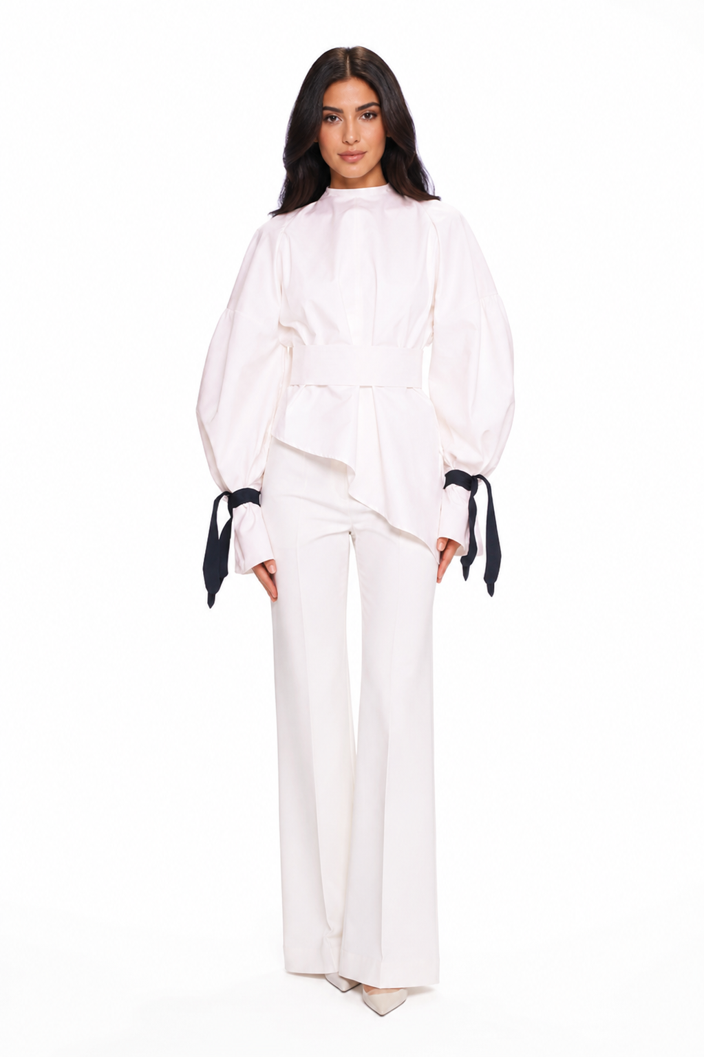Balloon-Sleeve Tie-Cuff Blouse – Blush