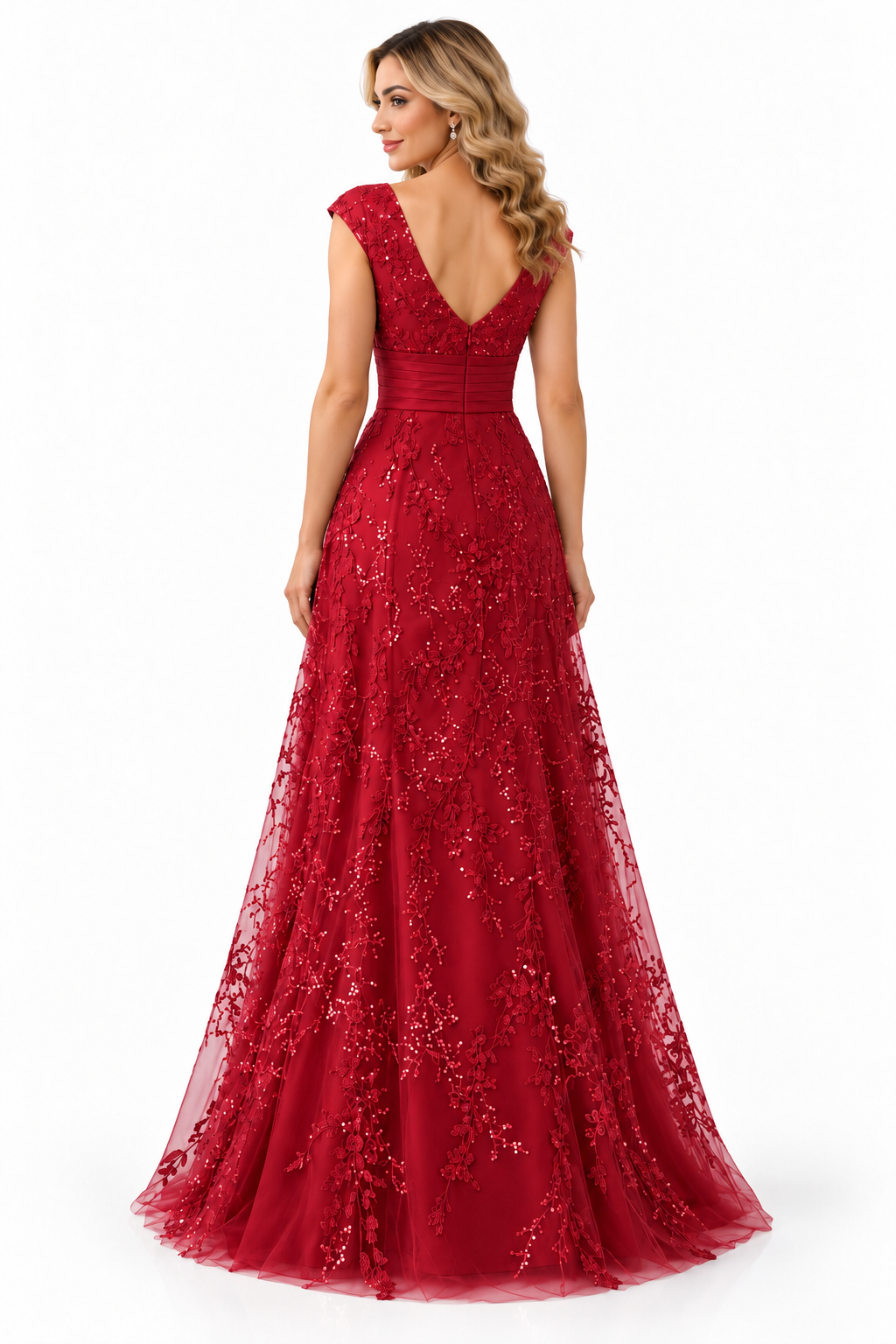 Embellished V-Neck Lace Evening Gown - Roselle