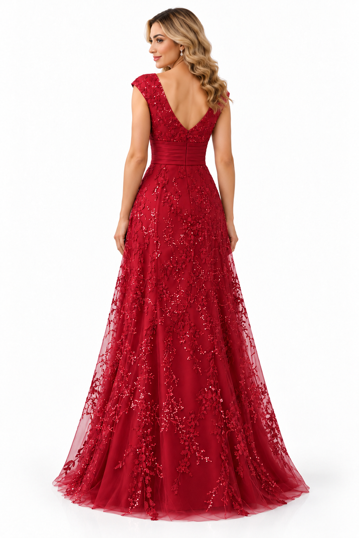 Embellished V-Neck Lace Evening Gown - Roselle